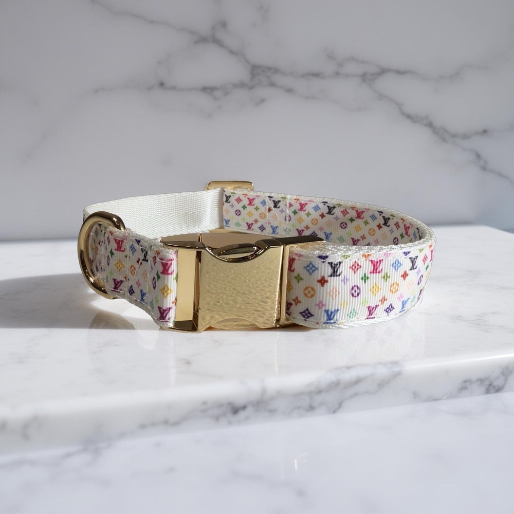 Luxury Dog Collar, Size M, Colorful, 1" Wide Multicolor gold metal